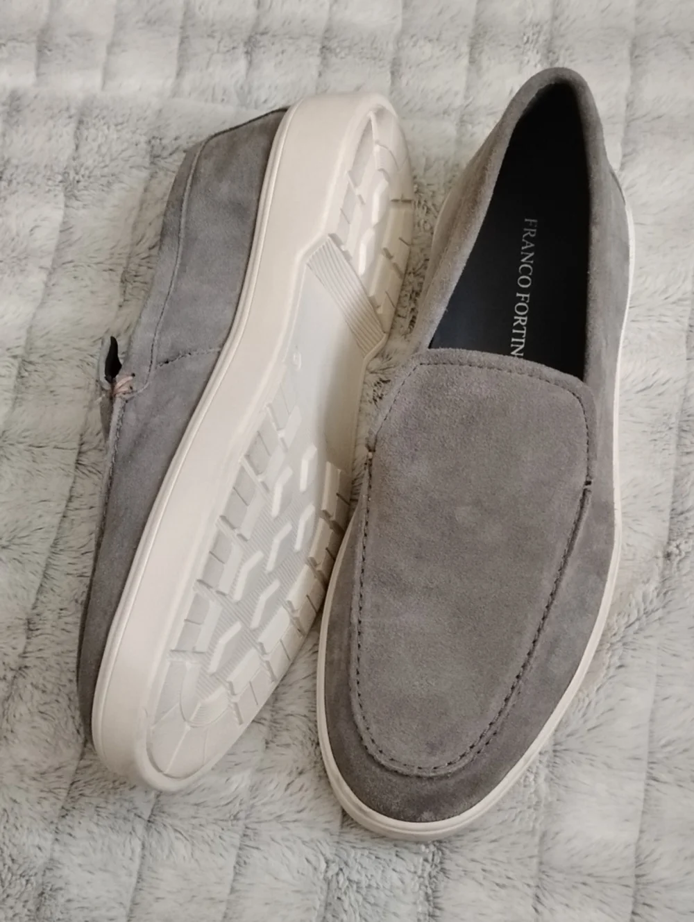 Franco Fortini Preppy Grey Suede Slip-On Loafers with White Sole